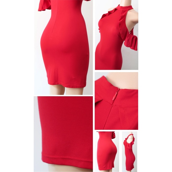 Red Mock Neck Ruffle Cold Shoulder Bodycon Dress - Picture 6 of 8